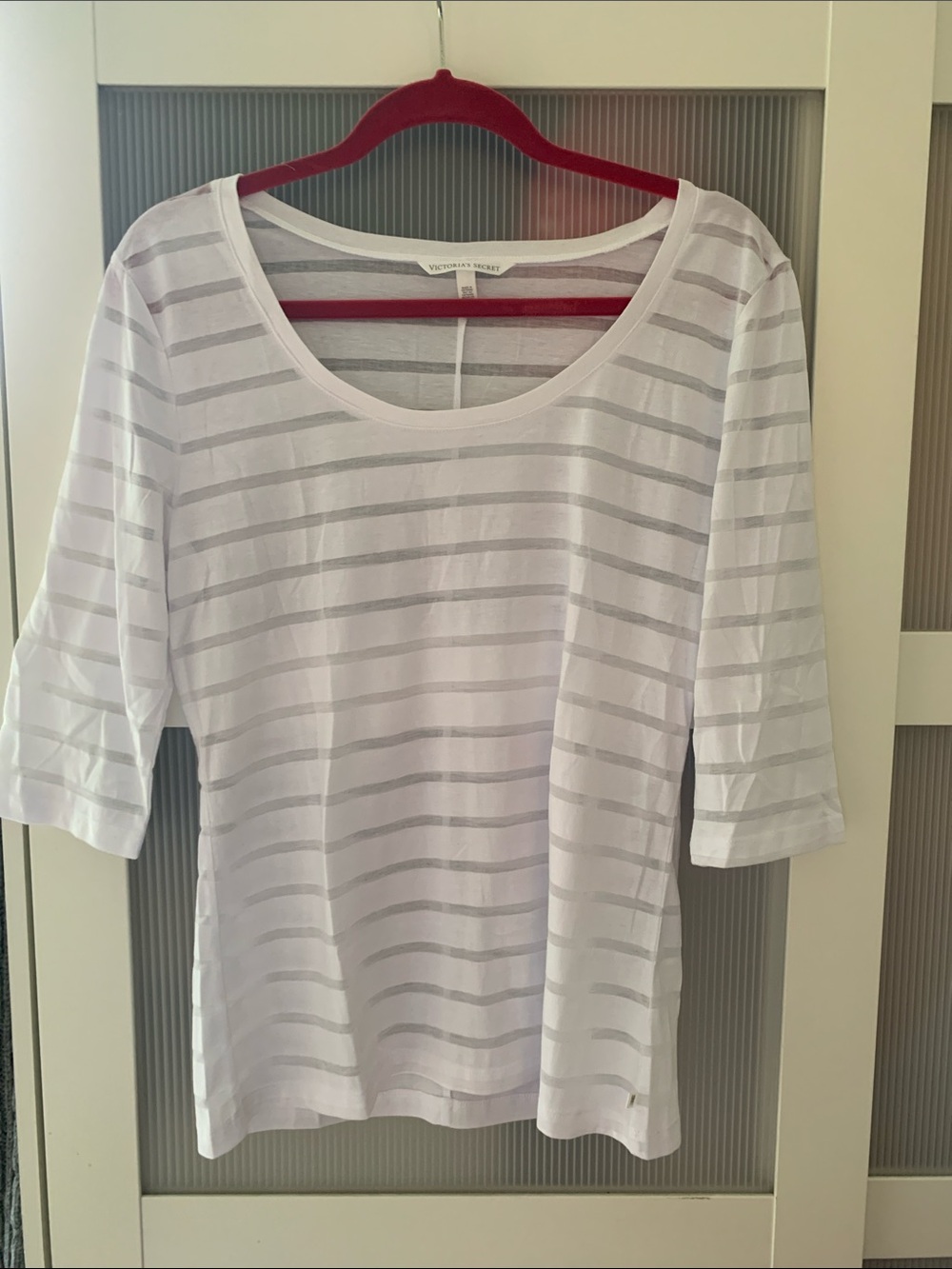 Victoria's Secret White Sheer Horizontal Stripe Scoop Neck Top